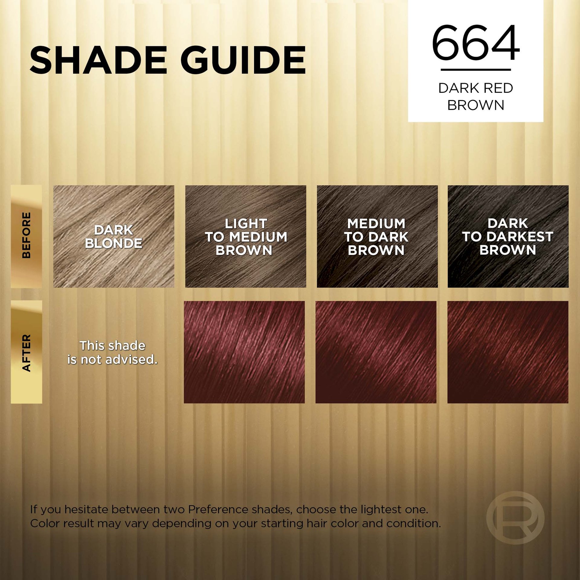 Hair before and after using Superior Preference 664 Dark Red Brown